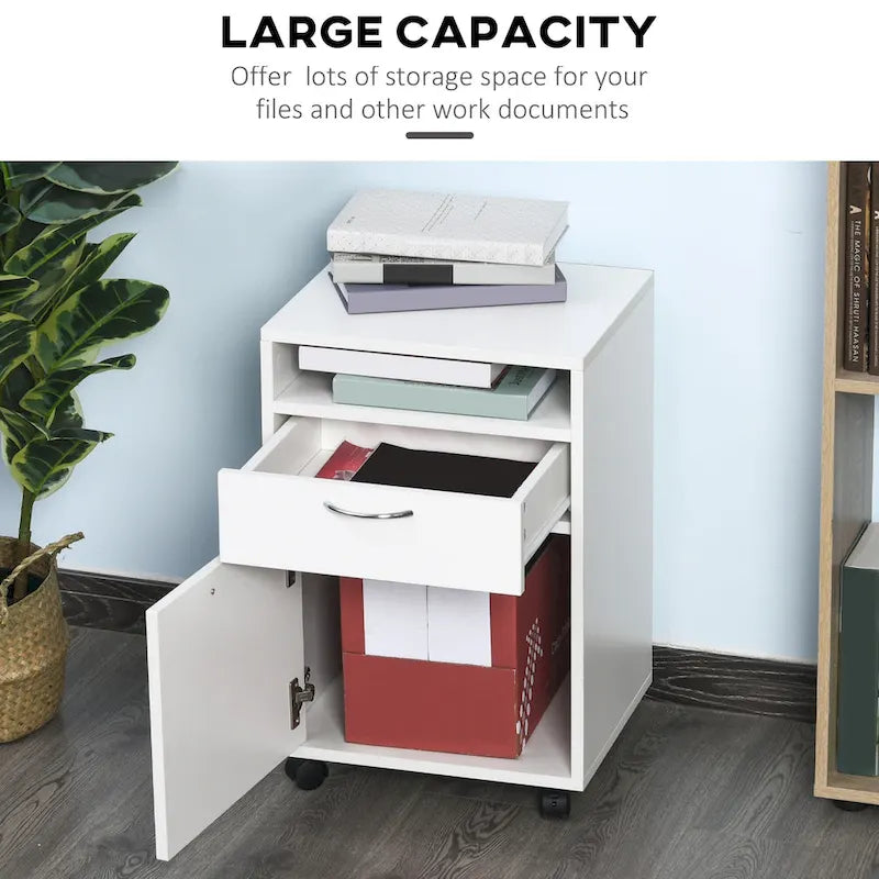 Mobile Storage Cabinet Organizer with Drawer and Cabinet, Printer Stand with Castors, White