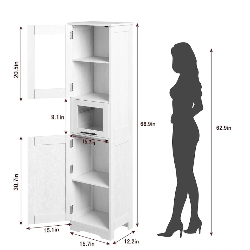 Tall Bathroom Cabinet, Narrow Storage Cabinet with Doors and Adjustable Shelf