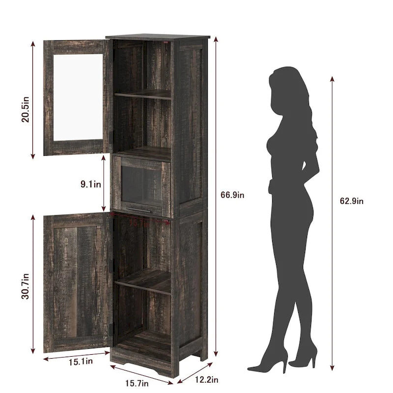 Tall Bathroom Cabinet, Narrow Storage Cabinet with Doors and Adjustable Shelf