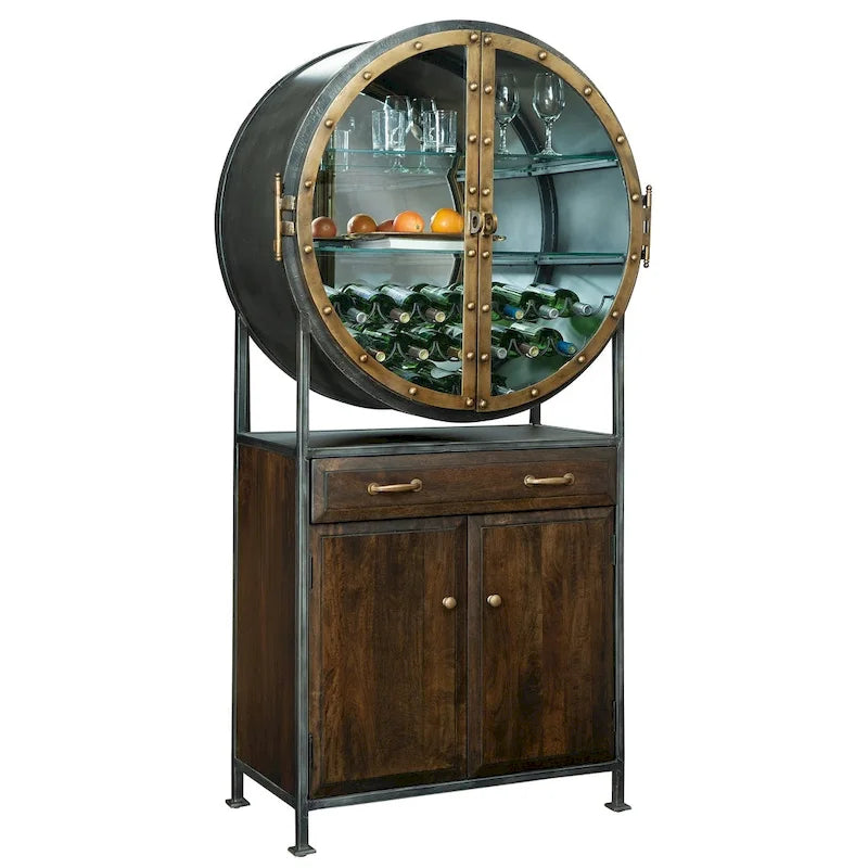Brown Wood and Grey Metal Wine and Bar Cabinet
