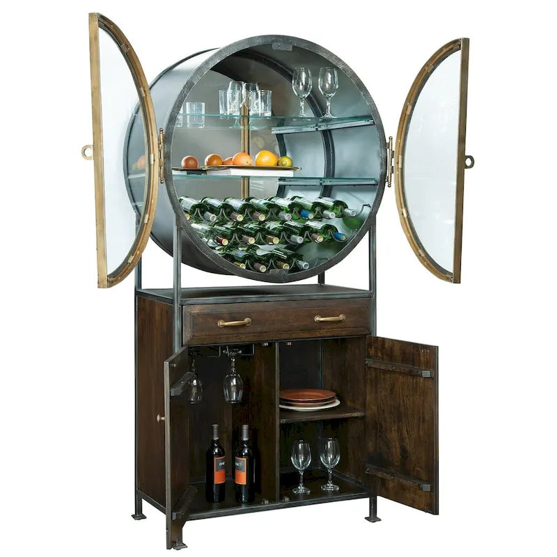 Brown Wood and Grey Metal Wine and Bar Cabinet