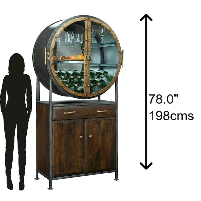 Brown Wood and Grey Metal Wine and Bar Cabinet