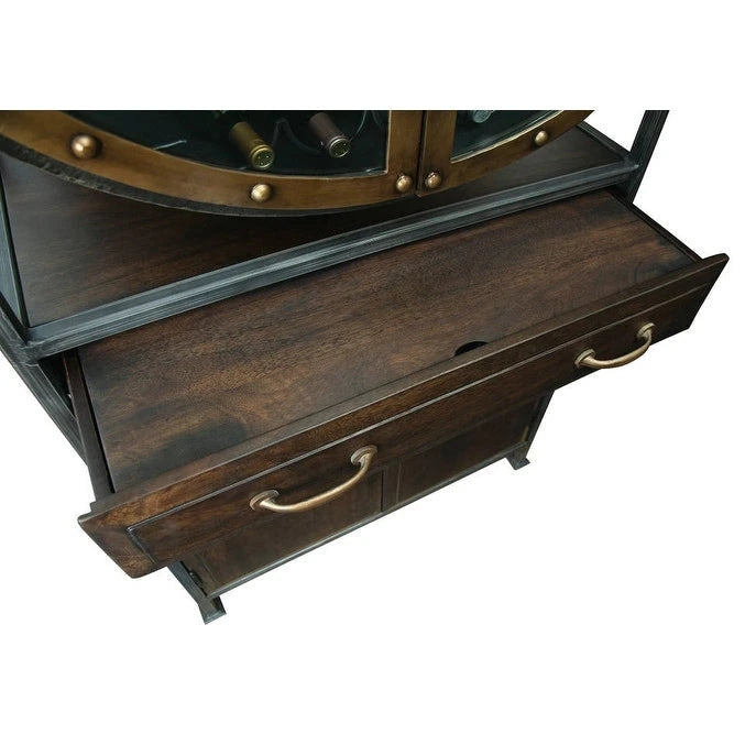 Brown Wood and Grey Metal Wine and Bar Cabinet