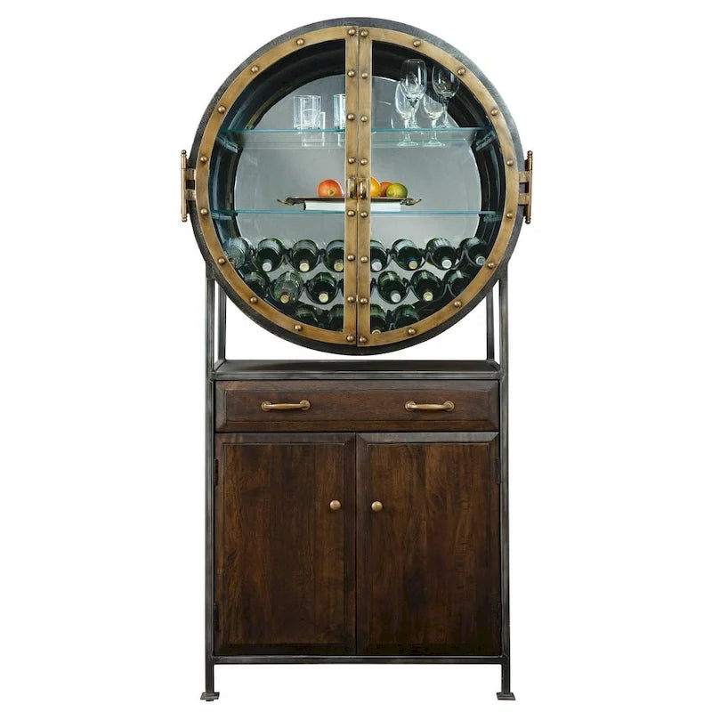 Brown Wood and Grey Metal Wine and Bar Cabinet