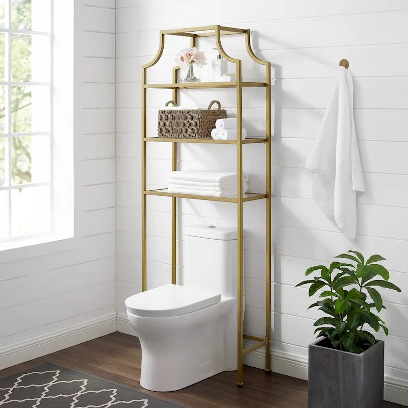 Art Deco Over-the-Toilet Space Saver with 3 Tempered Glass Shelves, Gold Steel Frame