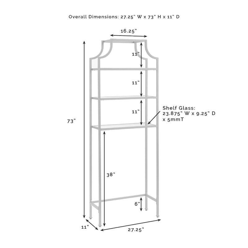 Art Deco Over-the-Toilet Space Saver with 3 Tempered Glass Shelves, Gold Steel Frame