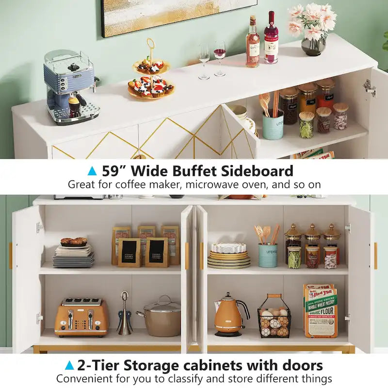 White Gold Buffet Cabinet with Storage Kitchen Sideboard Storage