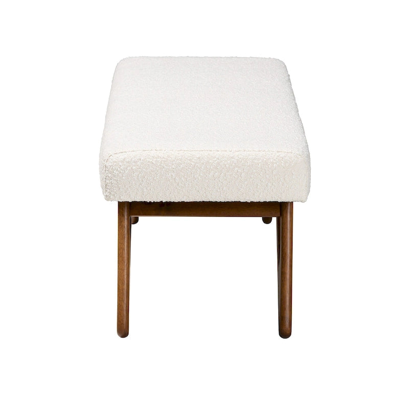 Banc en tissu bouclette crème et bois de noyer.