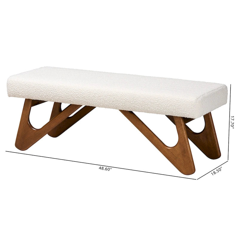 Banc en tissu bouclette crème et bois de noyer.