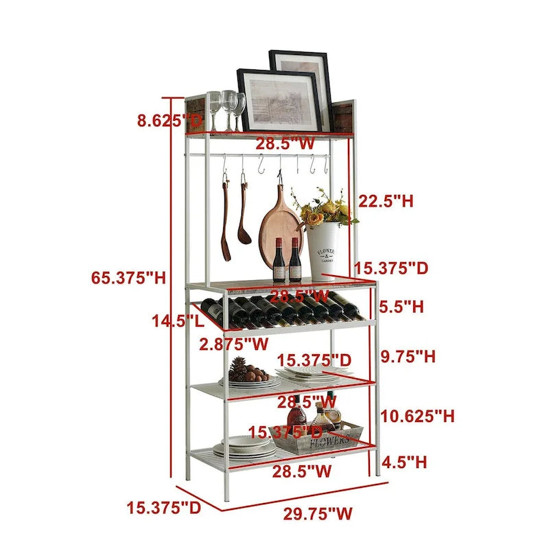 Red Tile Bakers Rack with 9 Wine Bottle Capacity Rack & 8 Hooks - Kitchen Storage Organizer, White