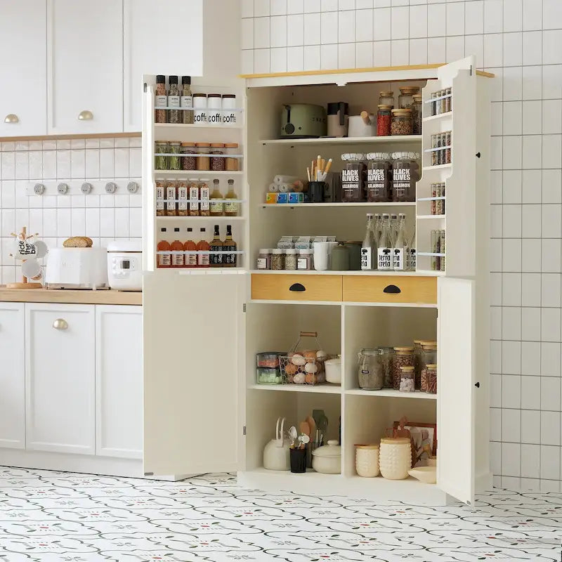 Freestanding Kitchen Pantry Large Cupboard Storage Cabinet with 2 Drawers, 2 Adjustable Shelves, 8 Door Shelves