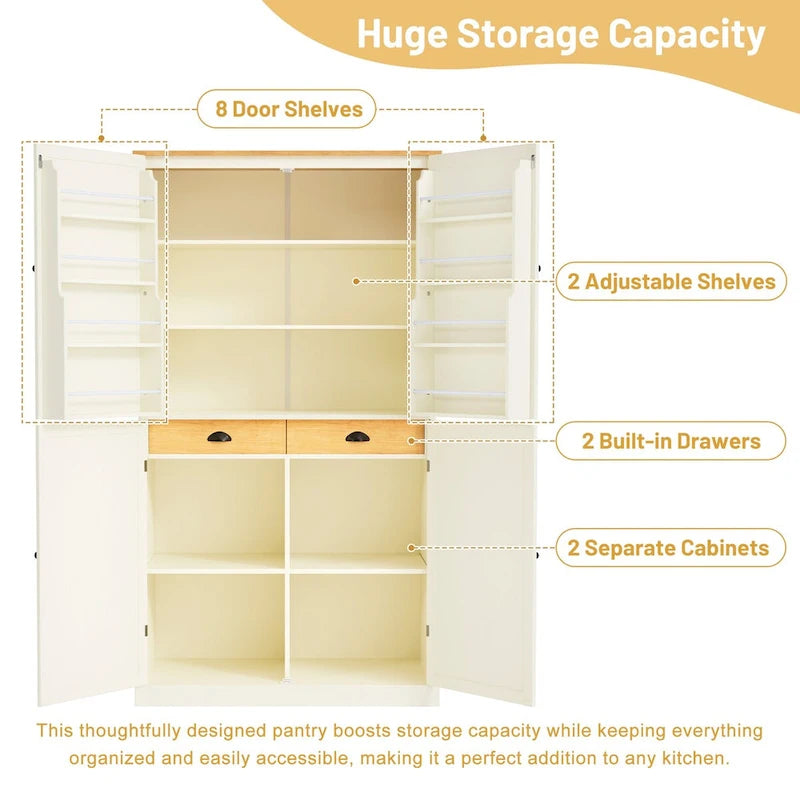 Freestanding Kitchen Pantry Large Cupboard Storage Cabinet with 2 Drawers, 2 Adjustable Shelves, 8 Door Shelves
