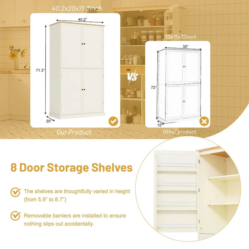 Freestanding Kitchen Pantry Large Cupboard Storage Cabinet with 2 Drawers, 2 Adjustable Shelves, 8 Door Shelves