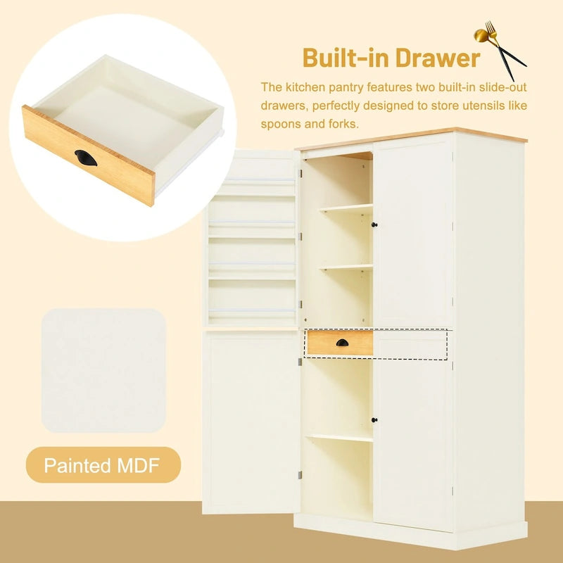 Freestanding Kitchen Pantry Large Cupboard Storage Cabinet with 2 Drawers, 2 Adjustable Shelves, 8 Door Shelves