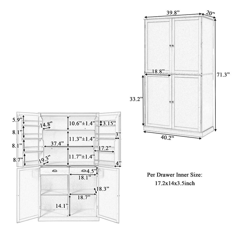 Freestanding Kitchen Pantry Large Cupboard Storage Cabinet with 2 Drawers, 2 Adjustable Shelves, 8 Door Shelves