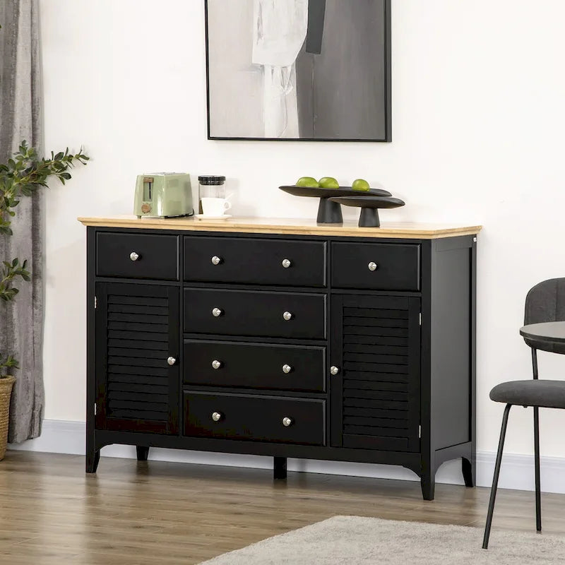 Sideboard Buffet Cabinet with Storage Drawers, Rubber Wood Top and Adjustable Shelves, Kitchen Cabinet Coffee Bar Cabinet, Black