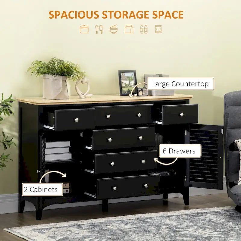 Sideboard Buffet Cabinet with Storage Drawers, Rubber Wood Top and Adjustable Shelves, Kitchen Cabinet Coffee Bar Cabinet, Black