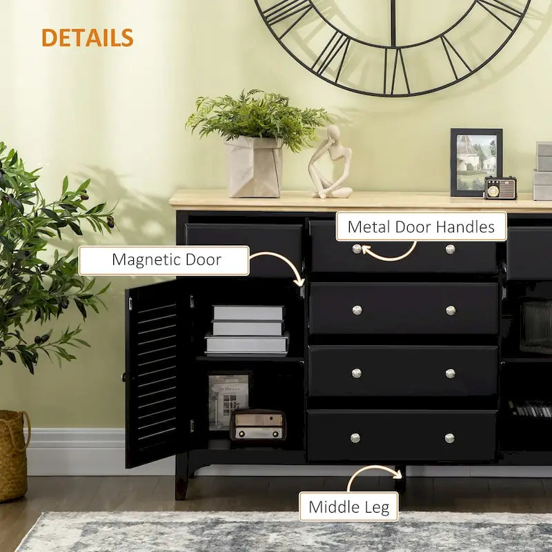 Sideboard Buffet Cabinet with Storage Drawers, Rubber Wood Top and Adjustable Shelves, Kitchen Cabinet Coffee Bar Cabinet, Black