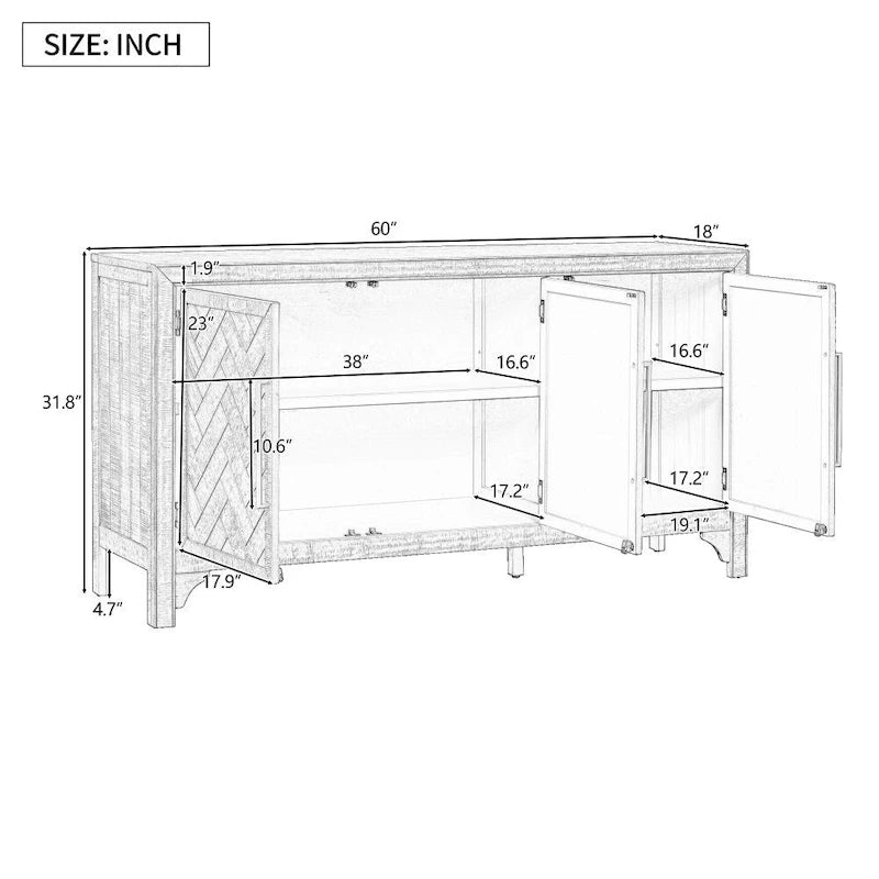 Designed Storage Cabinet Sideboard with MDF+Pine veneer, Adjustable Shelves, Suitable