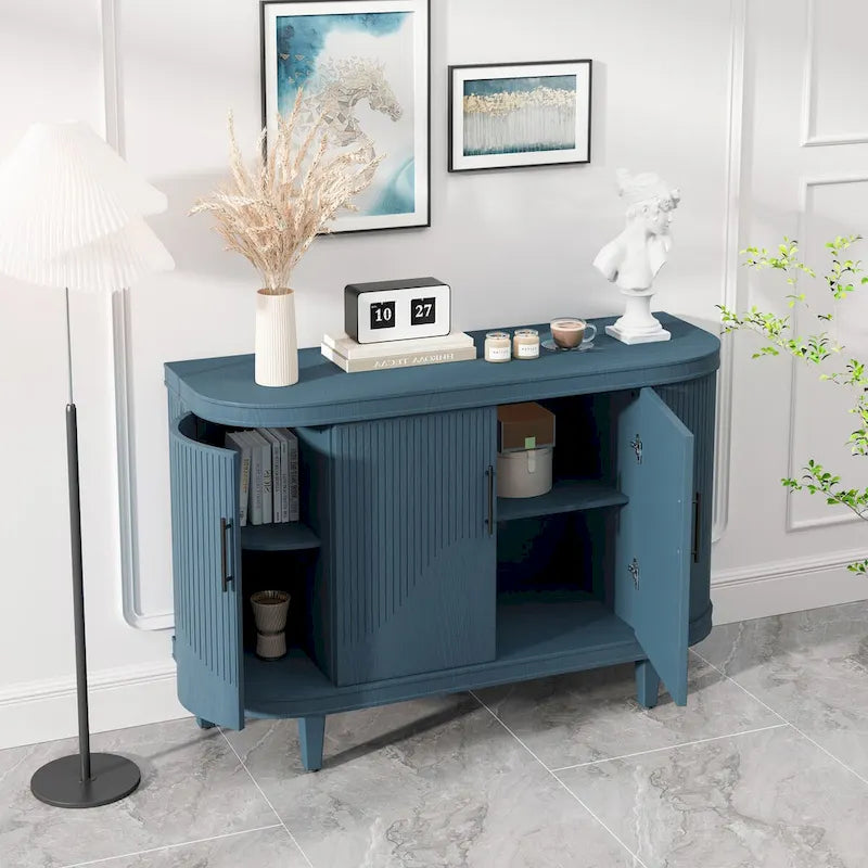 Modern Curved Sideboard Storage Cabinet Wooden Cabinet with 4 Doors and Adjustable Shelves