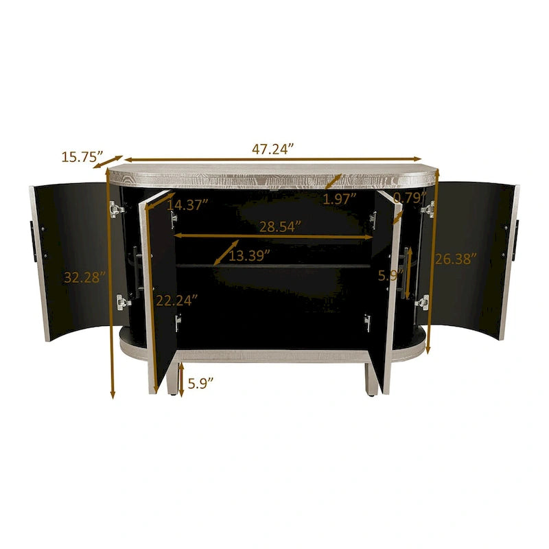 Modern Curved Sideboard Storage Cabinet Wooden Cabinet with 4 Doors and Adjustable Shelves