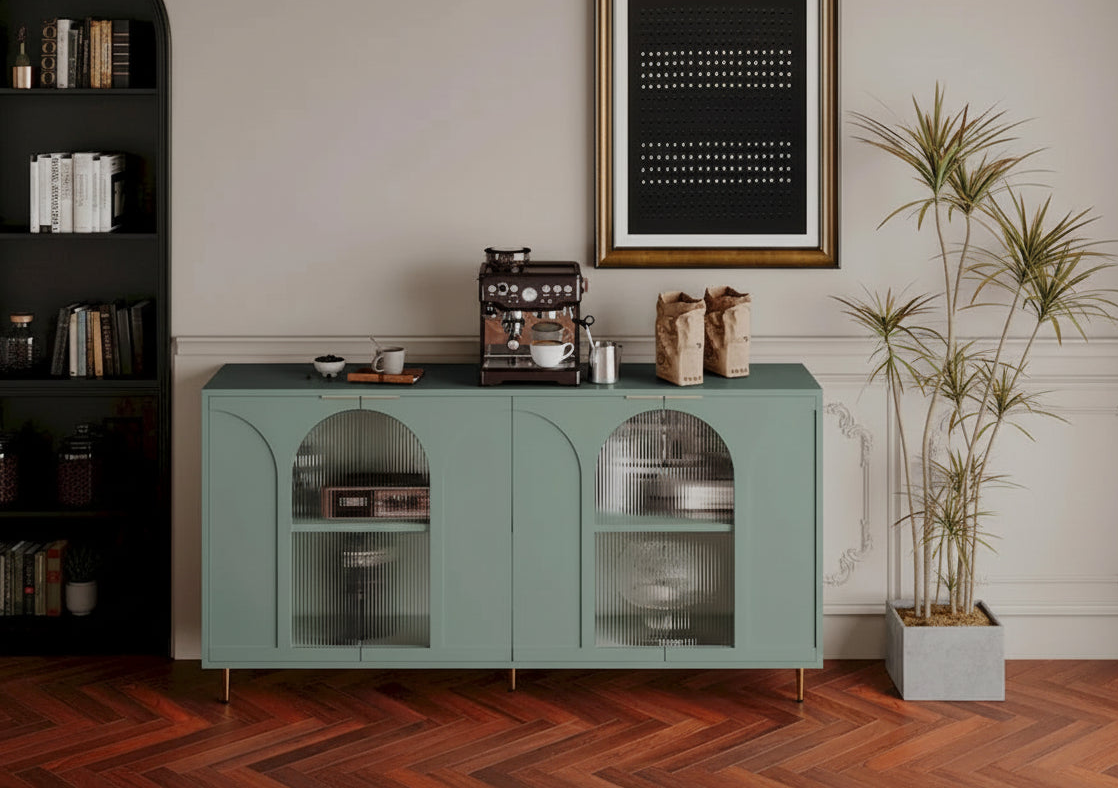 Accent Cabinet Lacquered Wooden Cabinet with 4 Glass Doors Sideboard Buffet