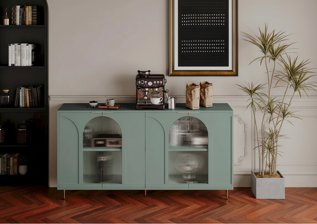 Accent Cabinet Lacquered Wooden Cabinet with 4 Glass Doors Sideboard Buffet