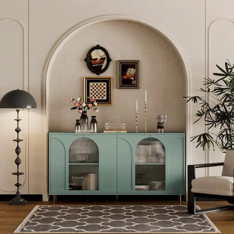 Accent Cabinet Lacquered Wooden Cabinet with 4 Glass Doors Sideboard Buffet