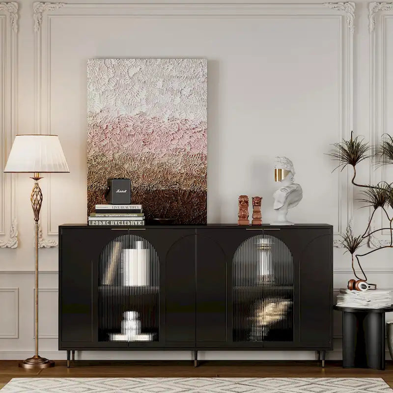 Accent Cabinet Lacquered Wooden Cabinet with 4 Glass Doors Sideboard Buffet