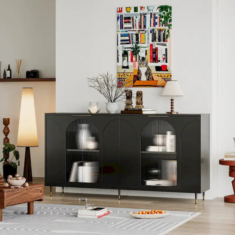 Accent Cabinet Lacquered Wooden Cabinet with 4 Glass Doors Sideboard Buffet