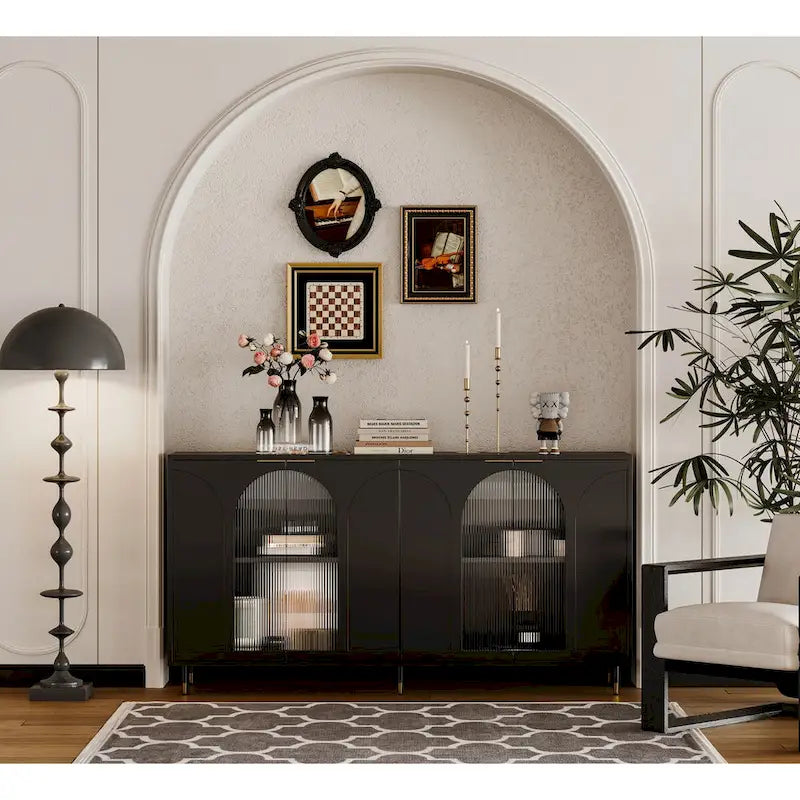 Accent Cabinet Lacquered Wooden Cabinet with 4 Glass Doors Sideboard Buffet