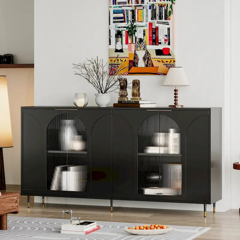 Accent Cabinet Lacquered Wooden Cabinet with 4 Glass Doors Sideboard Buffet