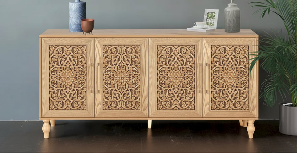 Carved Flower Door Large Storage Cabinet With Metal Handle Suitable For Living Room, Kitchen, Entryway