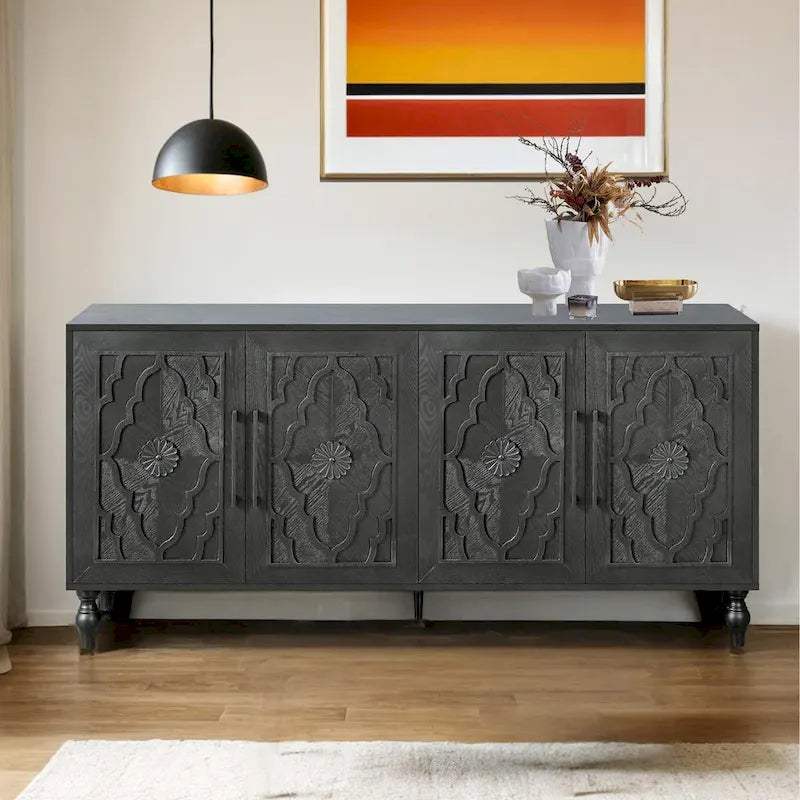 Carved Flower Door Large Storage Cabinet With Metal Handle Suitable For Living Room, Kitchen, Entryway