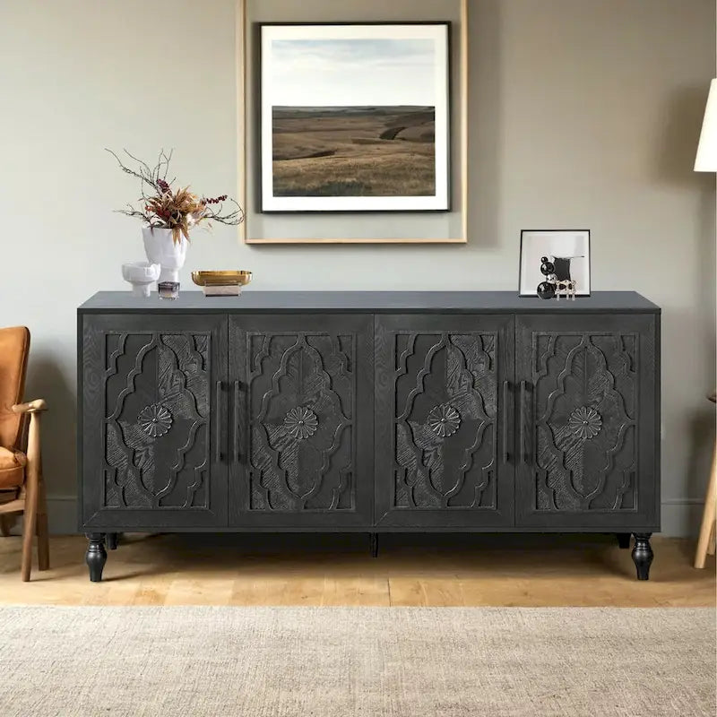 Carved Flower Door Large Storage Cabinet With Metal Handle Suitable For Living Room, Kitchen, Entryway