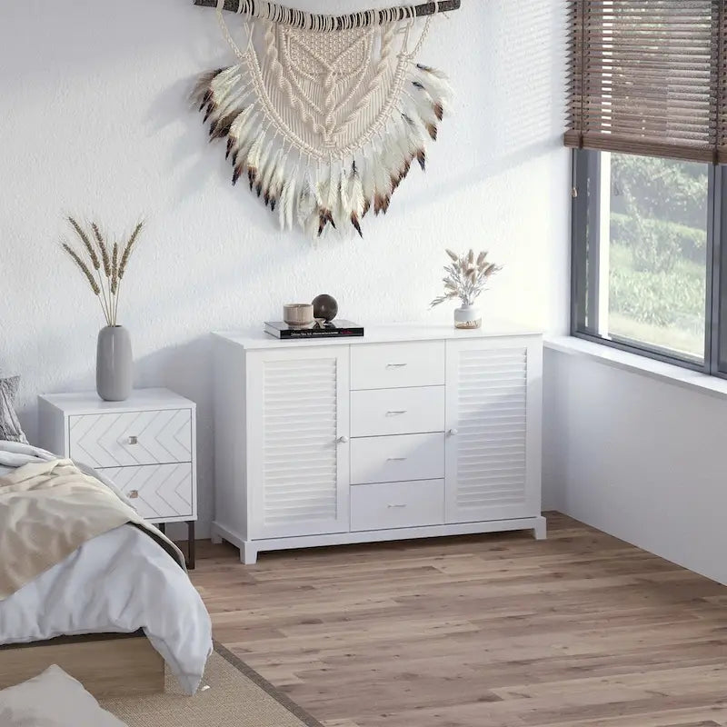 Sideboard Buffet Cabinet, Kitchen Cabinet, Coffee Bar Cabinet with 4 Drawers and 2 Louvered Doors for Living Room, Kitchen