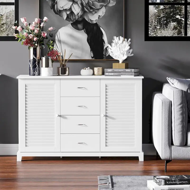 Sideboard Buffet Cabinet, Kitchen Cabinet, Coffee Bar Cabinet with 4 Drawers and 2 Louvered Doors for Living Room, Kitchen