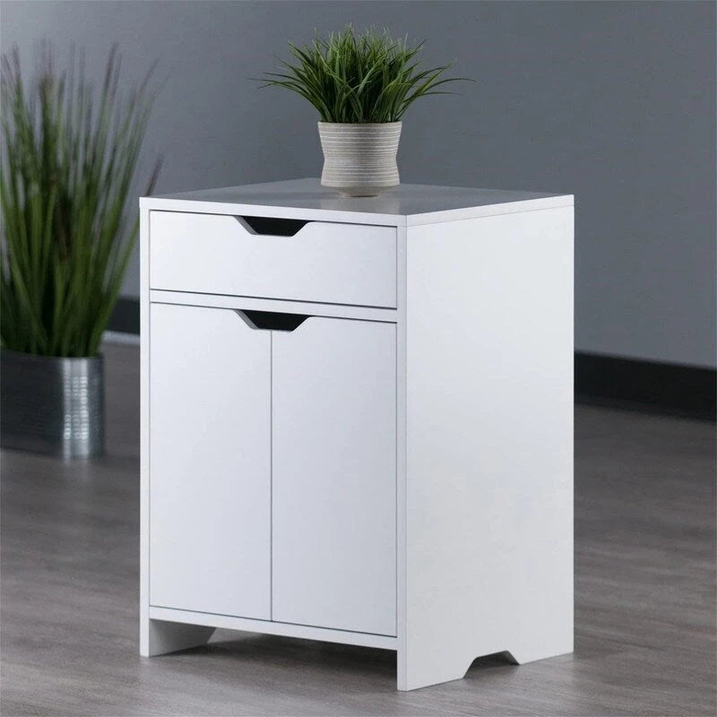 2-Shelf Storage Cabinet with Drawer, Adjustable Shelf, Cut-out Handles, White/Charcoal Finish