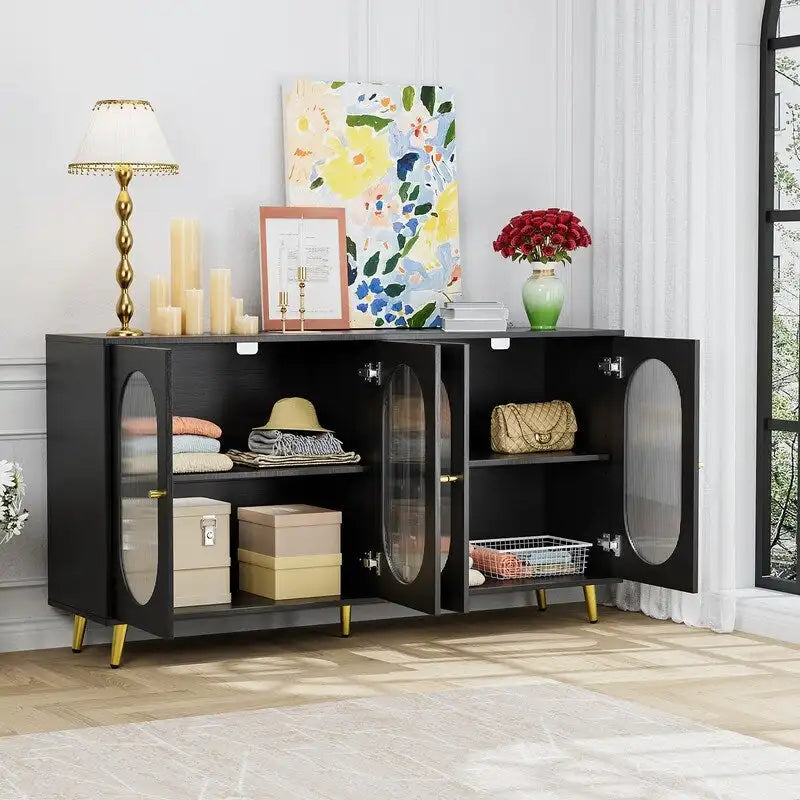 Modern Minimalist Wooden Sideboard Buffet Storage Cabinet with 4 Acrylic Doors and Interior Adjustable Shelves
