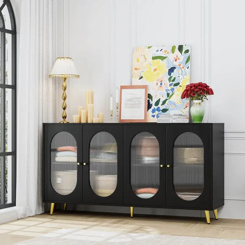 Modern Minimalist Wooden Sideboard Buffet Storage Cabinet with 4 Acrylic Doors and Interior Adjustable Shelves