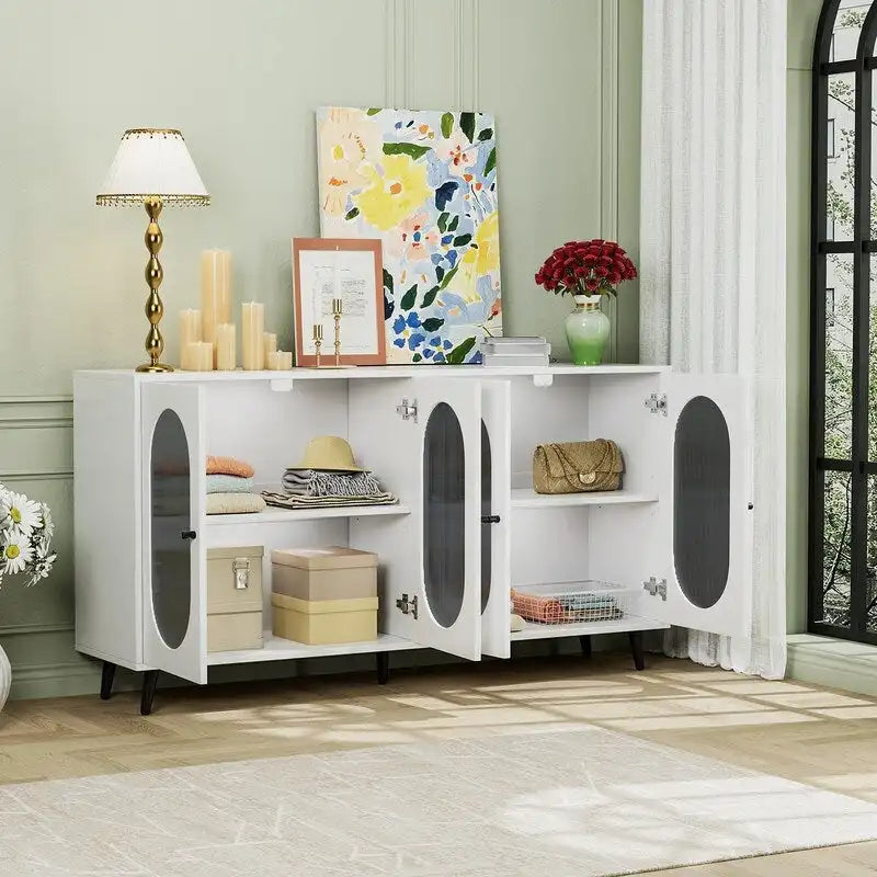 Modern Minimalist Wooden Sideboard Buffet Storage Cabinet with 4 Acrylic Doors and Interior Adjustable Shelves
