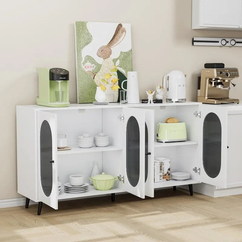 Modern Minimalist Wooden Sideboard Buffet Storage Cabinet with 4 Acrylic Doors and Interior Adjustable Shelves