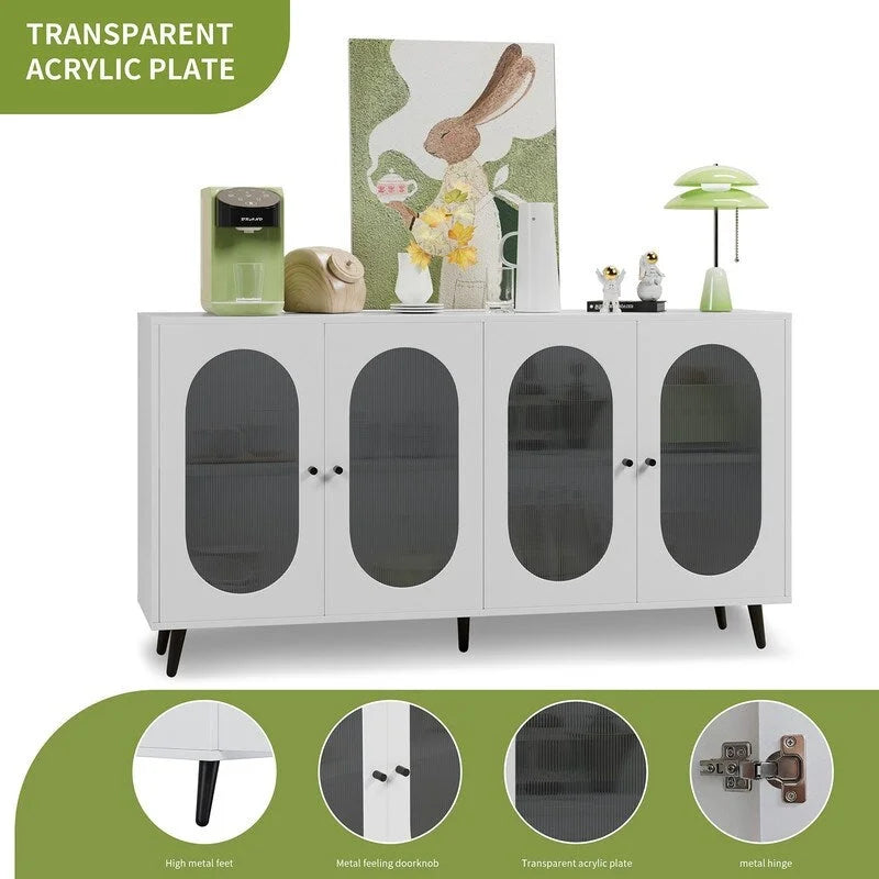 Modern Minimalist Wooden Sideboard Buffet Storage Cabinet with 4 Acrylic Doors and Interior Adjustable Shelves