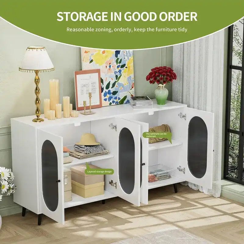 Modern Minimalist Wooden Sideboard Buffet Storage Cabinet with 4 Acrylic Doors and Interior Adjustable Shelves