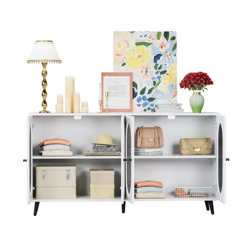 Modern Minimalist Wooden Sideboard Buffet Storage Cabinet with 4 Acrylic Doors and Interior Adjustable Shelves