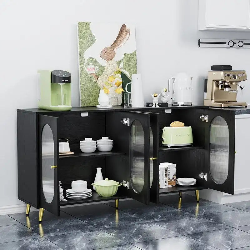 Modern Minimalist Wooden Sideboard Buffet Storage Cabinet with 4 Acrylic Doors and Interior Adjustable Shelves