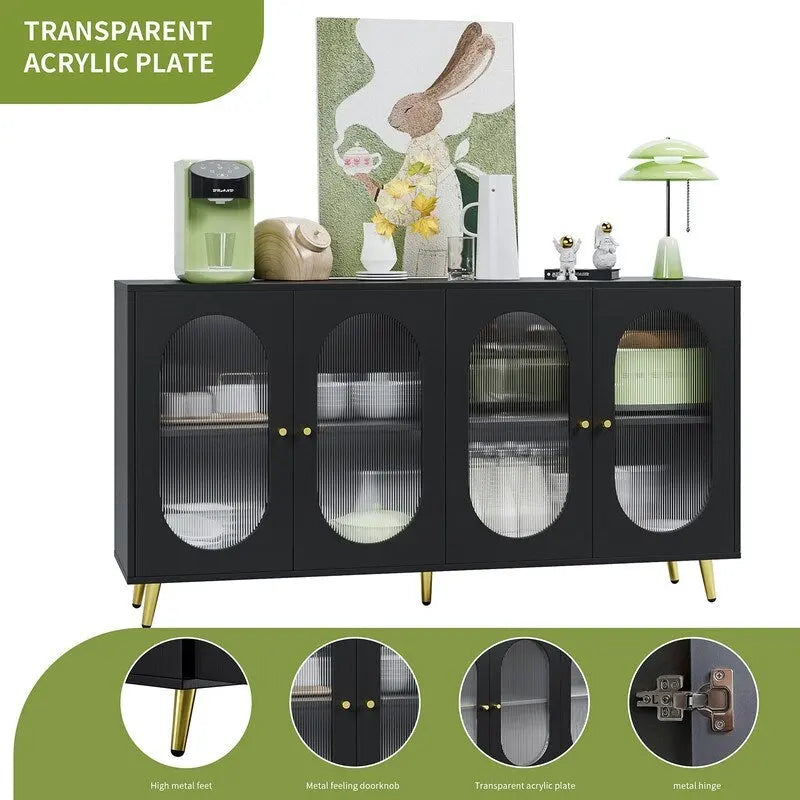 Modern Minimalist Wooden Sideboard Buffet Storage Cabinet with 4 Acrylic Doors and Interior Adjustable Shelves