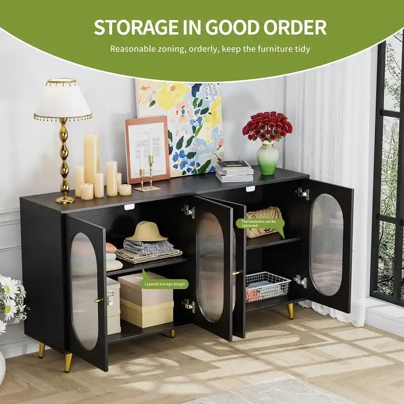 Modern Minimalist Wooden Sideboard Buffet Storage Cabinet with 4 Acrylic Doors and Interior Adjustable Shelves