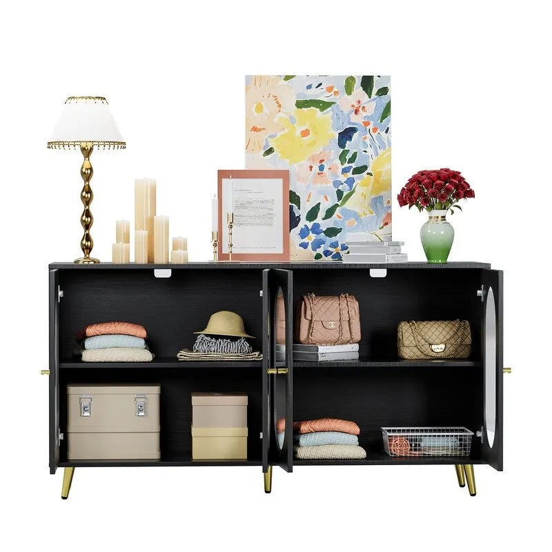 Modern Minimalist Wooden Sideboard Buffet Storage Cabinet with 4 Acrylic Doors and Interior Adjustable Shelves