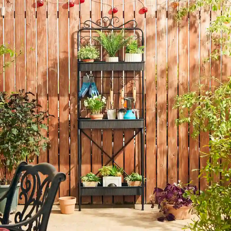 Glitzhome 68H 3 Tier Shelving Black Metal Plant Stand Kitchen Shelf Multifunctional Storage Rack for Indoor Outdoor